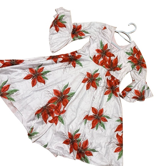 Girls Christmas Poinsettia Twirl Dress – Bell Sleeves, Christmas outfit dresses - Picture 2 of 5